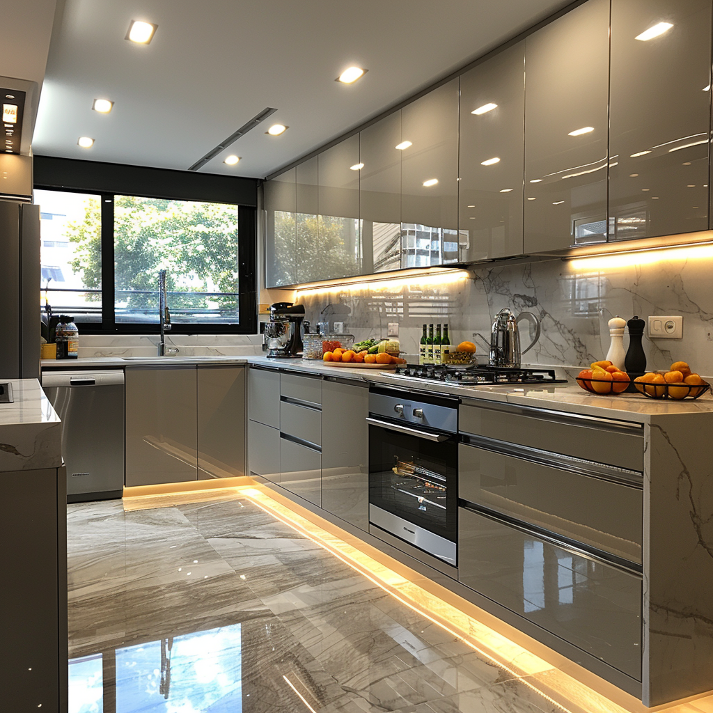 Remodeled modern kitchen with gray cabinetry and marble backsplash